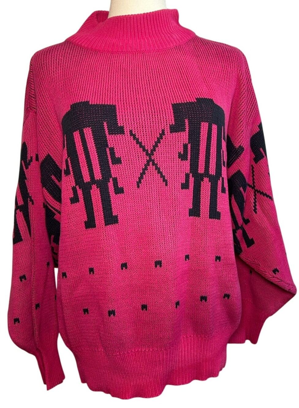 VTG 90s Brass Plum Pink Black Cotton Mock Neck Batwing Sweater Whimsigoth Grunge